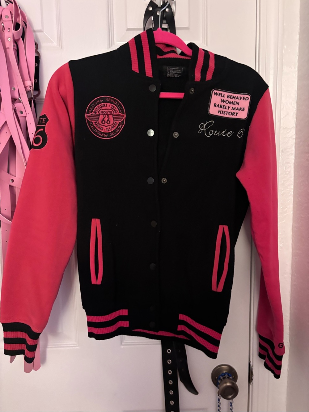 Route 66 Black and Pink Patch Varsity Jacket